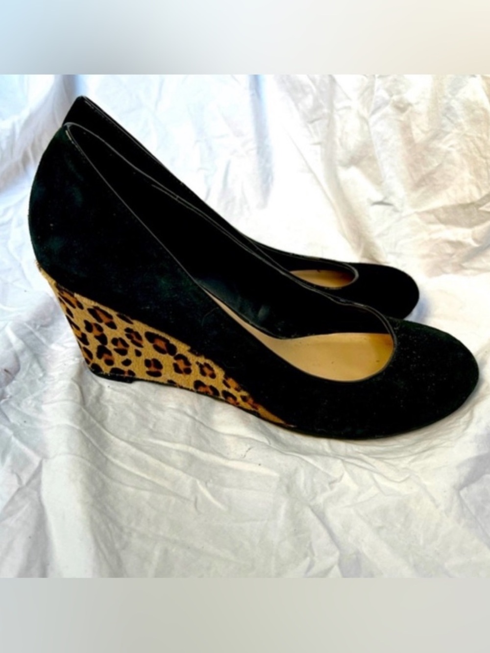 Franco Sarto Black Wedges with Leopard Faux Hair 9.5